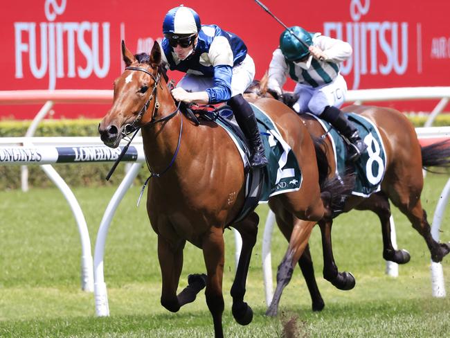 SYDNEY, AUSTRALIA - OCTOBER 02: James McDonald on Coolangatta wins race 2 the Keeneland Gimcrack Stakes during Sydney Racing on Epsom Day at Royal Randwick Racecourse on October 02, 2021 in Sydney, Australia. (Photo by Mark Evans/Getty Images)