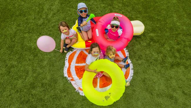 Sunday Lehman, 3, Zac Hilton, 3, Charlotte Lehman, 7, Charli Hilton, 3 and one-year-old Fin Lehman are ready for Splashland. Picture: Valeriu Campan