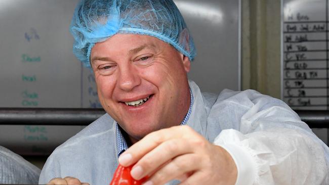 Queensland Opposition Leader Tim Nicholls is seen inspecting the Austchilli processing plant in Bundaberg during the Queensland election campaign. Picture: Darren England/AAP