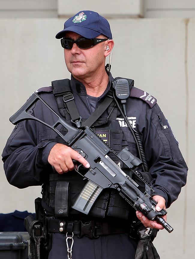 A heavy security contingent at Parliament House. Picture: Kym Smith