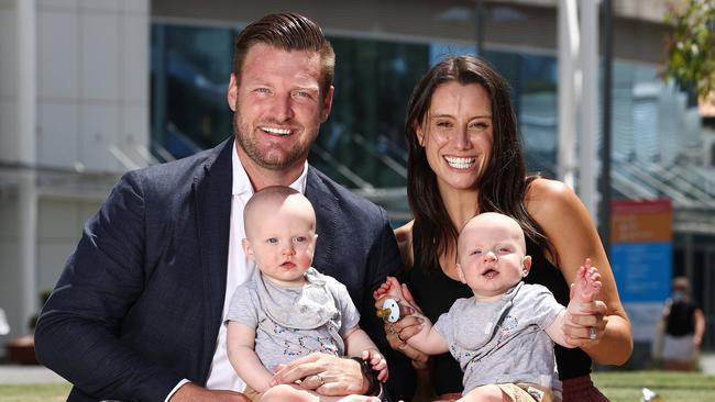 Sam Groth, pictured here with his wife Brittany and twin sons Mason and Parker, will be the Liberal candidate for the state seat of Nepean. Picture: Michael Klein