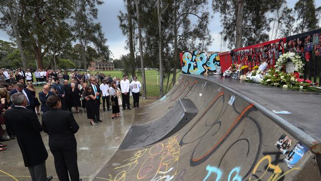 The funeral of popular northern beaches skater Oscar John (OJ) Valentin included a stop at Mona Vale Skate Park. (AAP Image / Julian Andrews).