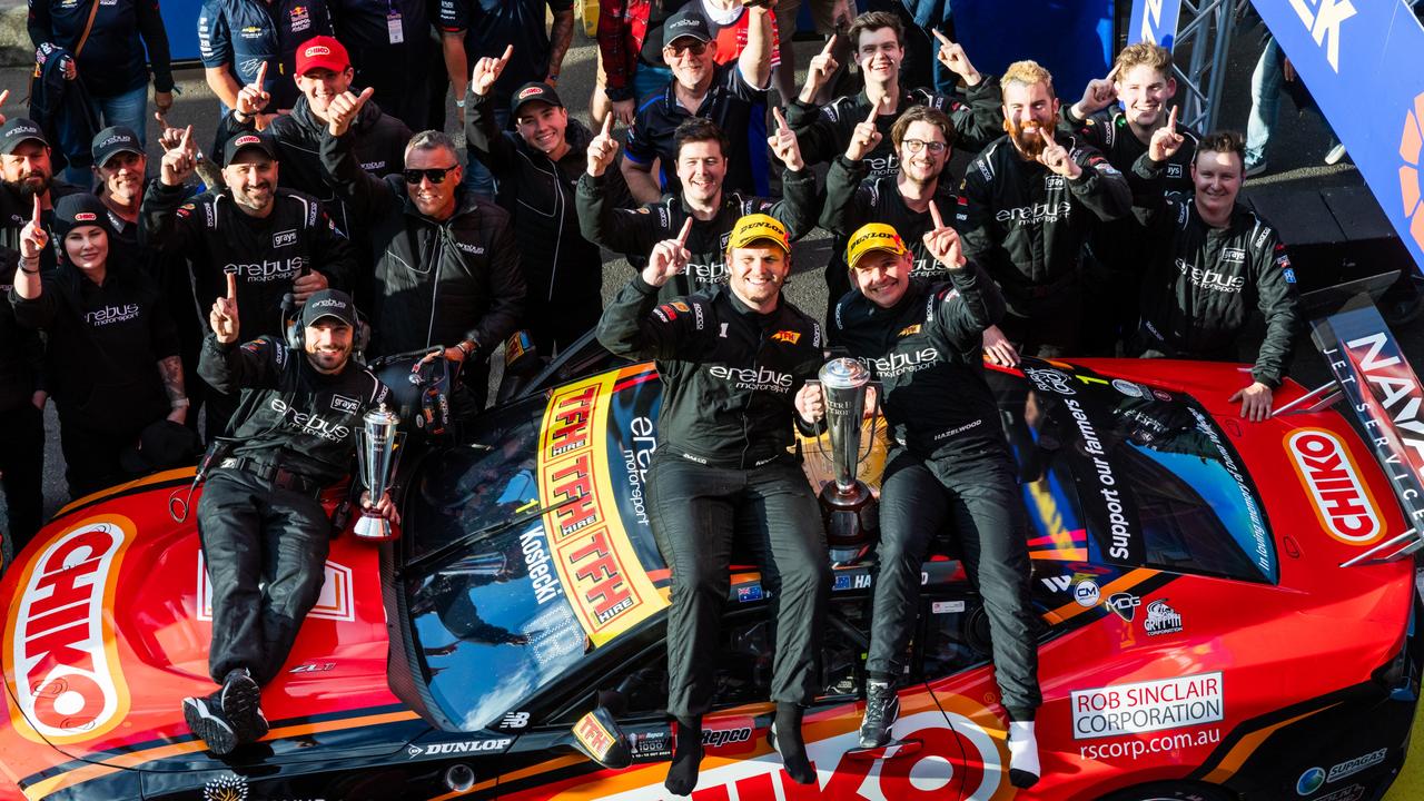 Brodie Kostecki, Todd Hazelwood and the Erebus crew celebrate. Photo by Daniel Kalisz/Getty Images.