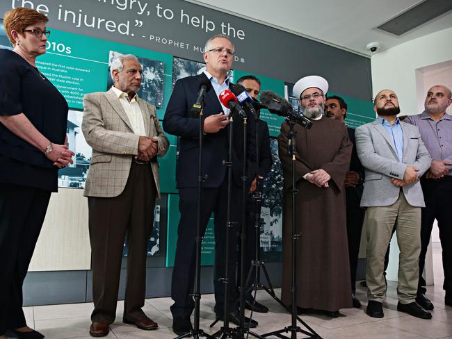 Prime Minister Scott Morrison during his press conference at the Lakemba Mosque. Picture: Adam Yip