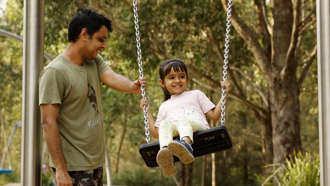 Deep Singh, with his daughter Maahi Singh in Parramatta. Picture: Jonathan Ng