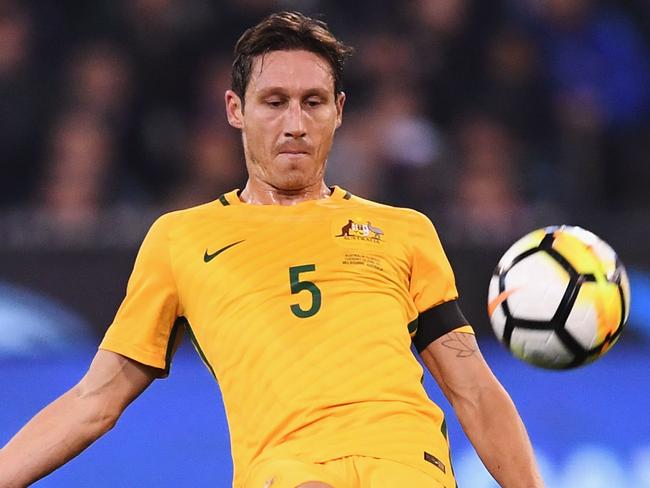 MELBOURNE, AUSTRALIA - JUNE 13:  Mark Milligan of the Socceroos kicks the ball during the Brasil Global Tour match between Australian Socceroos and Brazil at Melbourne Cricket Ground on June 13, 2017 in Melbourne, Australia.  (Photo by Michael Dodge/Getty Images for ICC)