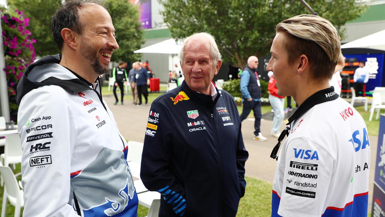 Peter Bayer (left), with Helmut Marko and Liam Lawson. (Photo by Peter Fox/Getty Images)