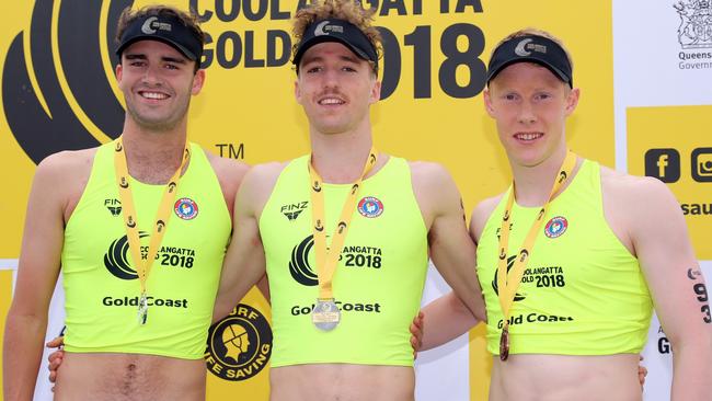 Coolangatta Gold shortcourse winner Thomas Gallagher (centre), silver medallist Zak Van Dartel (left) and bronze medallist Chris Boult (right). Photo: Harvpix