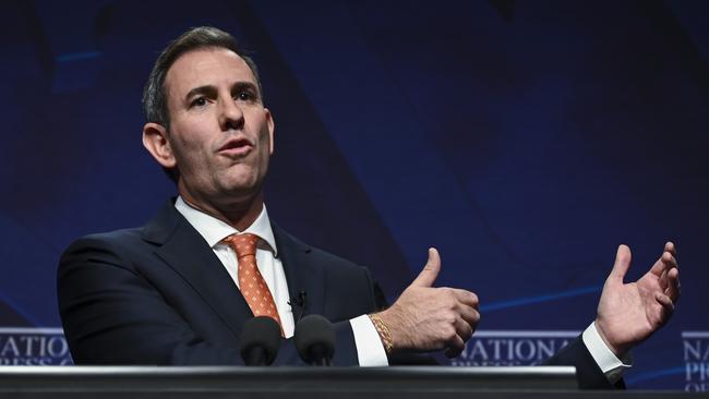 Treasurer Jim Chalmers addresses the National Press Club in Parliament House on Wednesday. Picture: NCA NewsWire / Martin Ollman