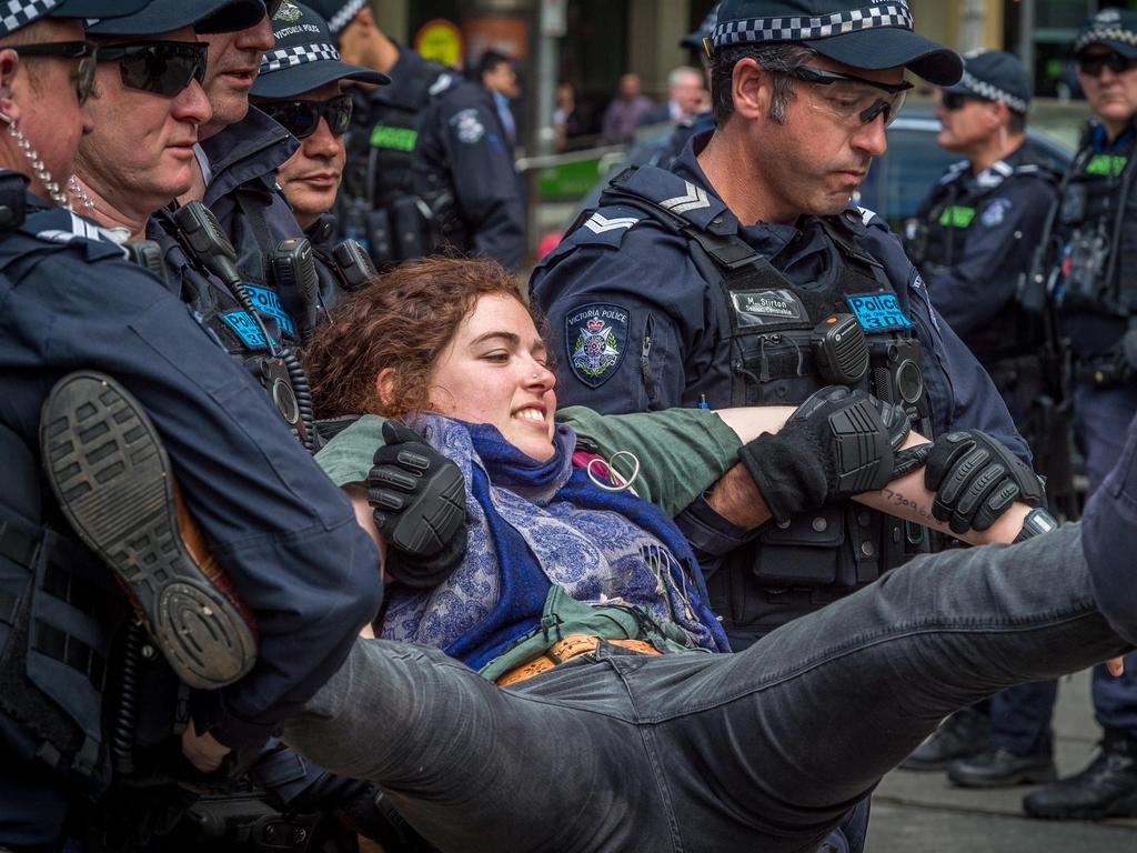 Protesters have used a “go floppy” tactic in the face of police. Picture: Jake Nowakowski