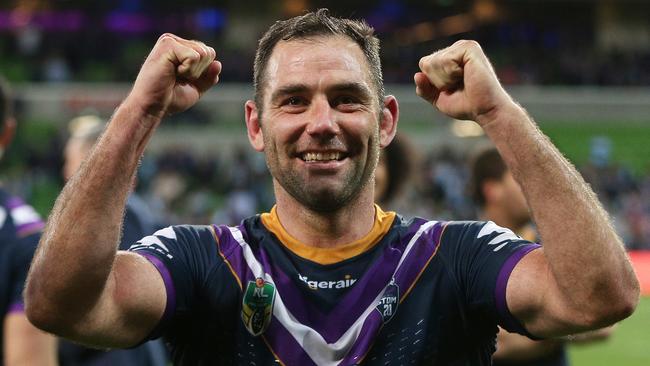 Cameron Smith celebrates another win for the Melbourne Storm. Picture: AAP Image/Hamish Blair