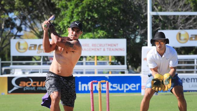26th January 2021 - Gold Coast Titans player Jamal Fogarty belts a ball to the boundary at Pizzy park as the Bears took on the Gold Coast Titans in an Australian Day cricket clash. Photo: Scott Powick NEWSCORP