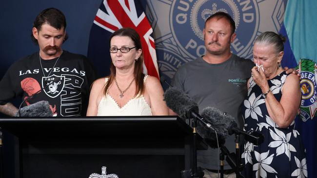 Relatives of missing woman Christine Fenner speak at the announcement of a $500,000 reward for information in relation to her disappearance. Picture: Liam Kidston.