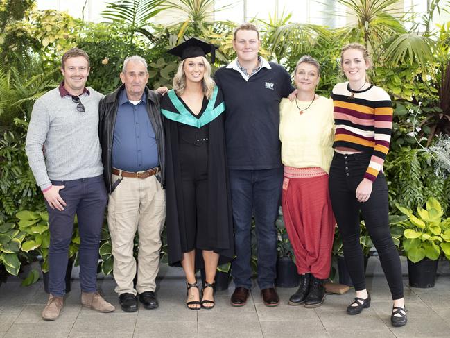 David Rodman, Kerry Hamer, Tori Harding, Henry Banner, Louise Banner and Millie Banner at the UTAS Graduation at Launceston. PICTURE CHRIS KIDD