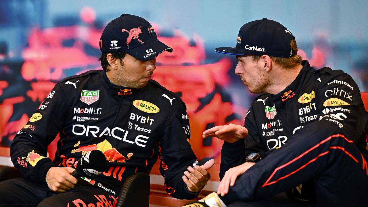 MONTE-CARLO, MONACO - MAY 29: Race winner Sergio Perez of Mexico and Oracle Red Bull Racing and Third placed Max Verstappen of the Netherlands and Oracle Red Bull Racing talk in the press conference after the F1 Grand Prix of Monaco at Circuit de Monaco on May 29, 2022 in Monte-Carlo, Monaco. (Photo by Clive Mason/Getty Images)