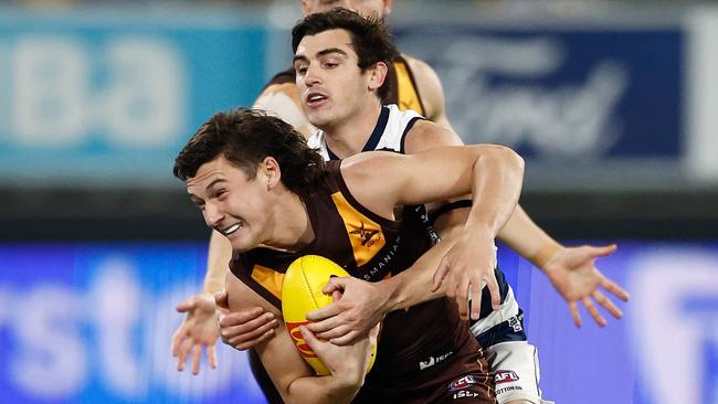 Shaun Mannagh lays one of his 14 tackles. Picture: Michael Willson/AFL Photos via Getty Images