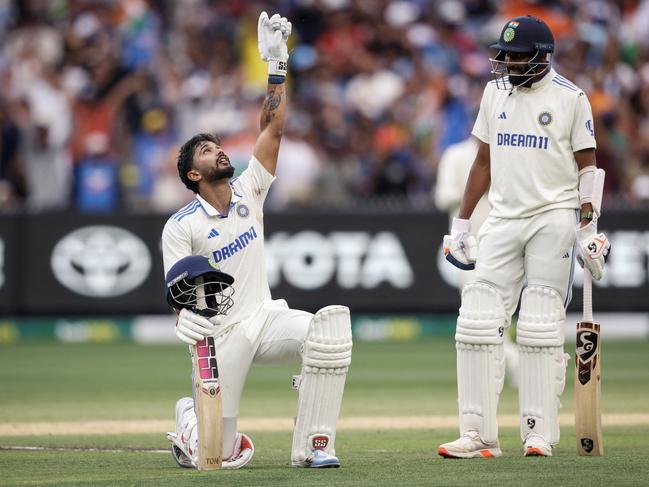 Nitish Kumar Reddy celebrates after reaching his maiden Test century at the MCG Picture: AFP