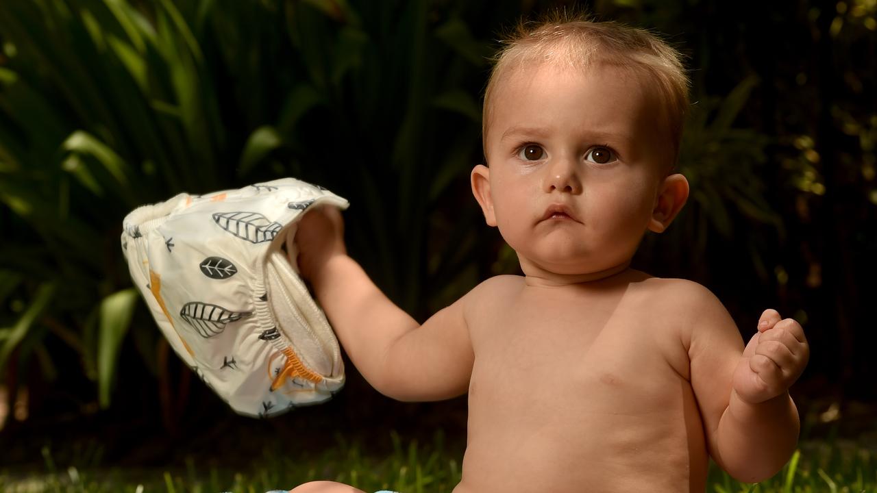 Van Place, 1, models a modern Cloth nappy. Picture: Evan Morgan