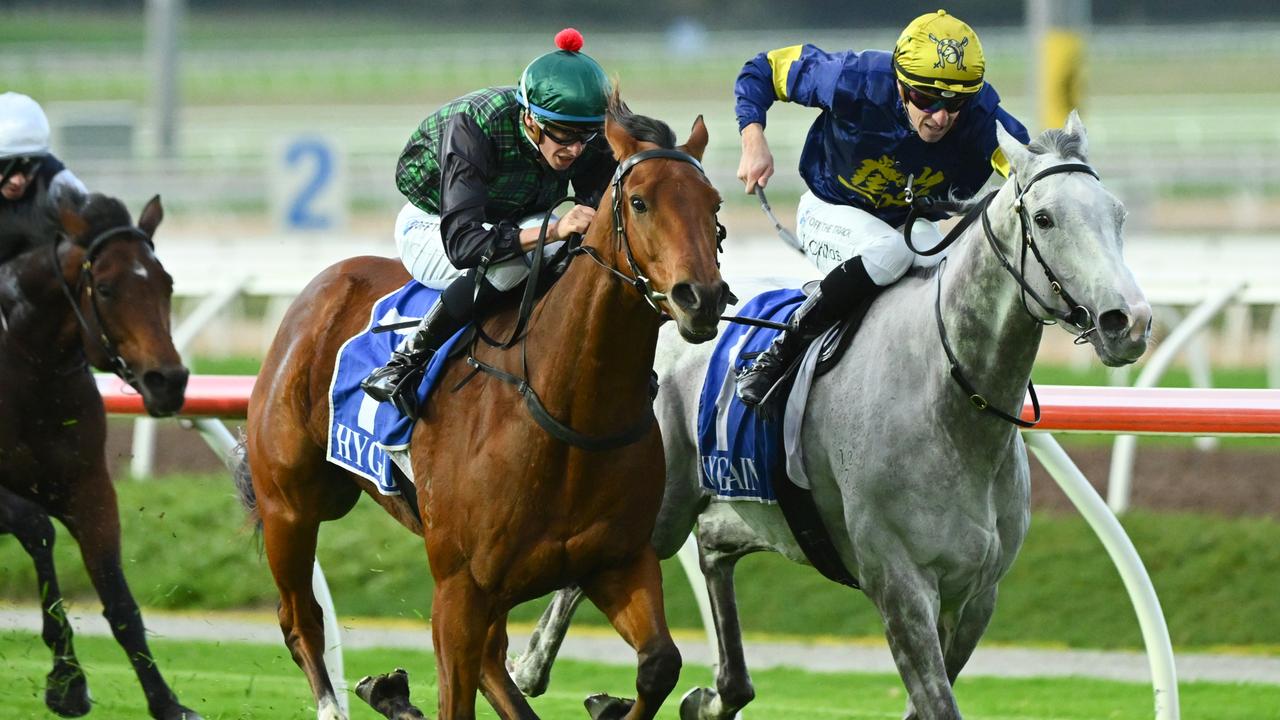D'aguilar (left) gets past White Marlin in the concluding stages of the William Newton VC Handicap at Pakenham. Picture: Vince Caligiuri–Getty Images