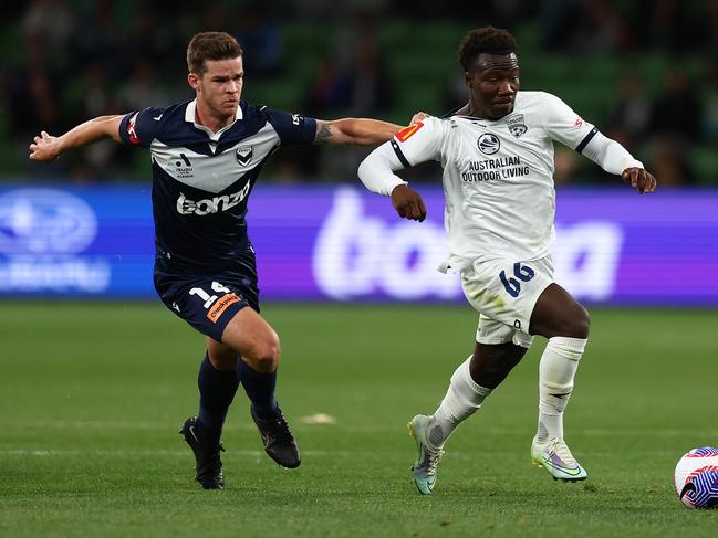 Nestory Irankunda (right) will leave Adelaide United at the end of the season to join Bayern Munich. Picture: Graham Denholm/Getty Images