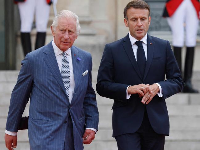 King Charles with French President Emmanuel Macron in Paris. Picture: AFP