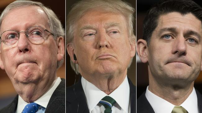 Mr Trump has accused US Senate Majority Leader Mitch McConnell, left and Speaker of the House Paul Ryan of foot-dragging on his key priorities. Pictures: Nicholas Kaam and Saul Loeb/AFP