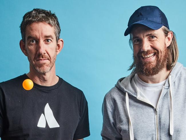 Mike Cannon-Brookes (baseball cap) and fellow founder of Atlassian, Scott Farquhar pictured together in their Sydney HQ