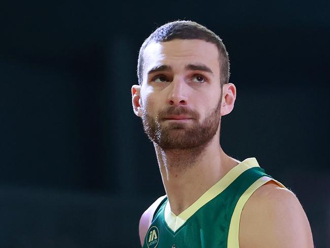 MELBOURNE, AUSTRALIA - JULY 02: Jack McVeigh of the Australian Boomers warms up during the game between the Australia Boomers and China at John Cain Arena on July 02, 2024 in Melbourne, Australia. (Photo by Kelly Defina/Getty Images)