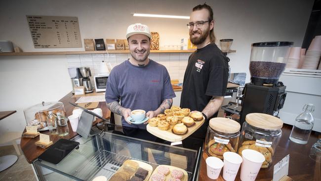 Dune Espresso owner Toby Burgess and barista Jack Sciortino at North Hobart. Picture: Chris Kidd