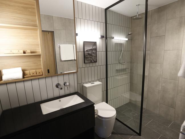 One of the bathrooms inside a room at Movenpick Hotel Hobart. Picture: ZAK SIMMONDS