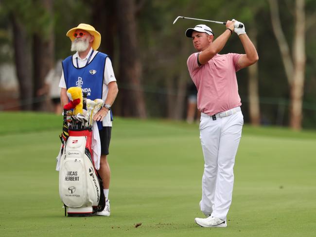 Lucas Herbert and his bearded caddie Nick Pugh. Picture: Matt King/Getty Images