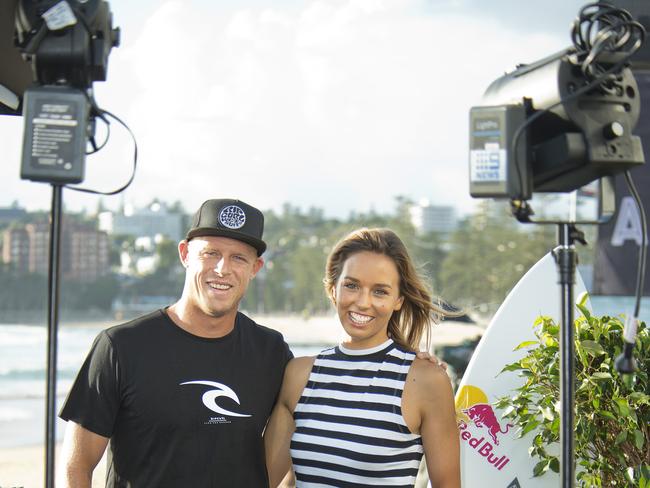 Champion Australian surfers Mick Fanning and Sally Fitzgibbons at North Steyne, Manly, between rounds of the Australian Open of Surfing. Picture: Troy Snook