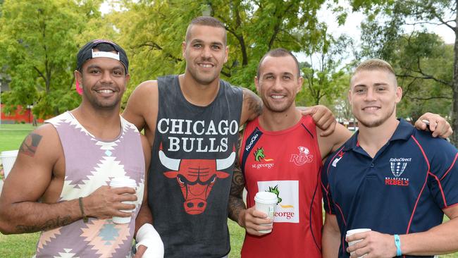 Quade Cooper (second from right) with mates Kurtley Beale, Lance Franklin and James O’Connor.