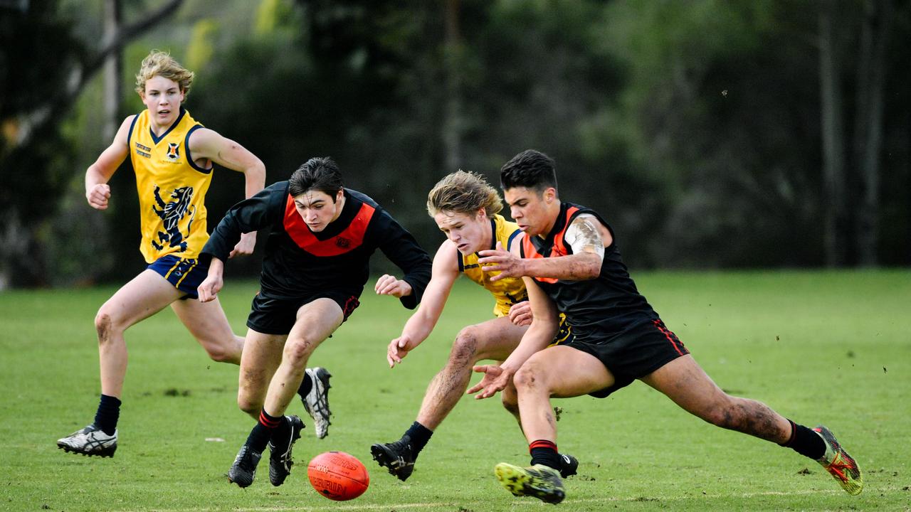 Cameron Taheny, Seb Steel and Stefan Lanzoni during the Rostrevor versus Scotch College game in Adelaide, Saturday, June 16, 2018. (AAP Image/Morgan Sette)