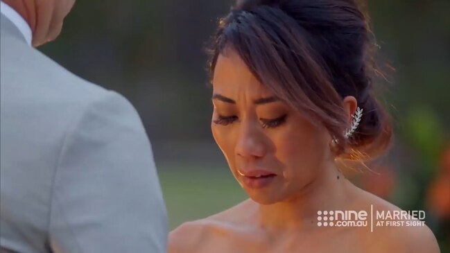 Ning nearly loses her earring and is then followed out by ducks in an awkward Married At First Sight final vow ceremony with Mark.