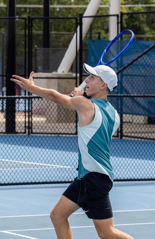 Nicholas Mitsinikos at the qualifying round of the 2025 Tennis NT Darwin Junior International. Picture: Pema Tamang Pakhrin