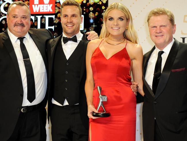 Erin Molan with her Footy Show co-stars, Darryl, Beau and Paul. Picture: AAP/Joe Castro