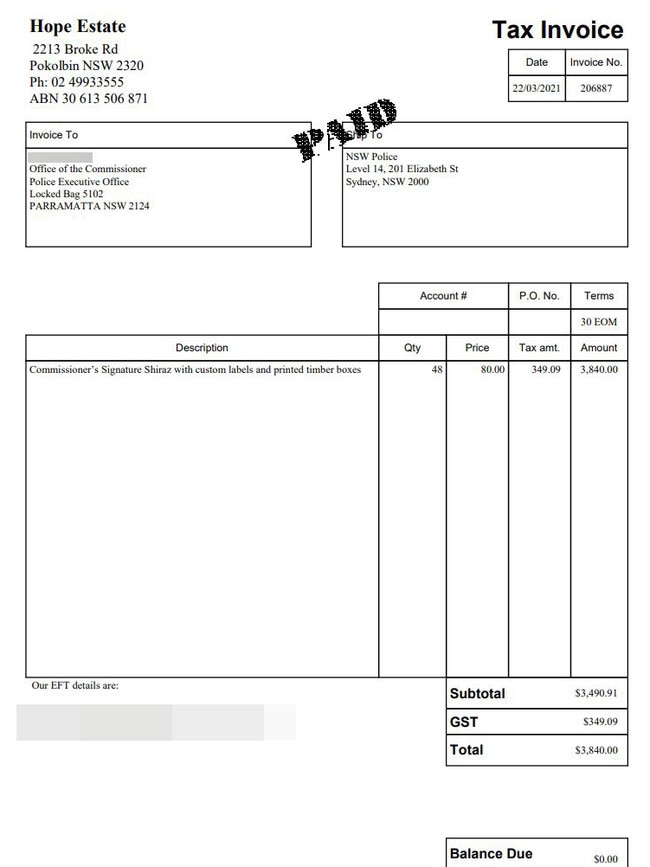 The invoice for the purchases.