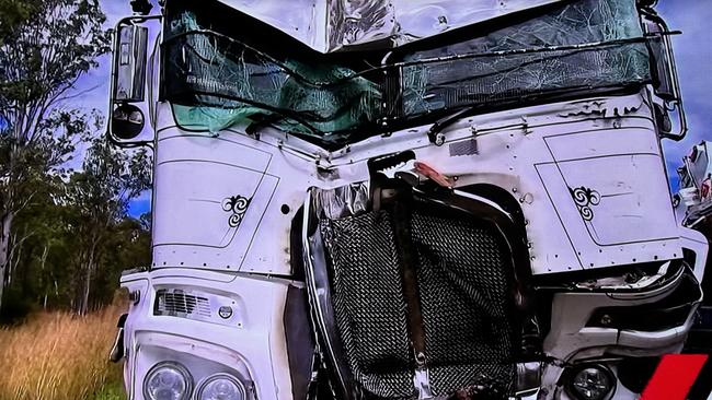 The aftermath of the crash on the Bruce Highway at Gindoran involving B Double trucks. Photo: 7 News