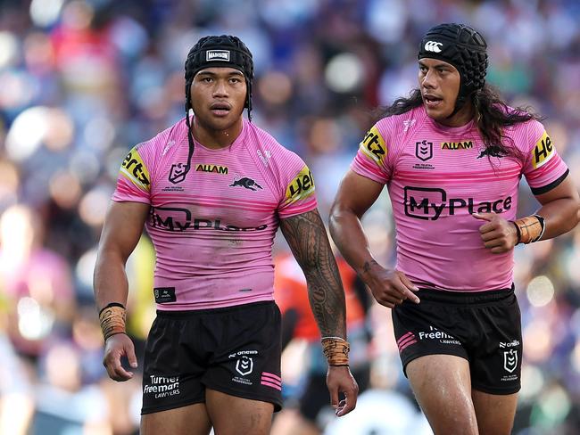 BRISBANE, AUSTRALIA - MAY 19: Brian To'o and Jarome Luai of the Panthers speak during the round 11 NRL match between New Zealand Warriors and Penrith Panthers at Suncorp Stadium, on May 19, 2024, in Brisbane, Australia. (Photo by Hannah Peters/Getty Images)