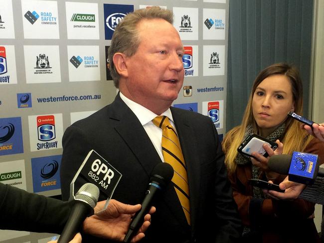 Billionaire businessman Andrew Forrest addresses the media on Tuesday, September 5, 2017. Mr Forrest has vowed to launch a rebel rugby competition after the Western Force lost their Supreme Court appeal to stay in Super Rugby. (AAP Image/ Justin Chadwick)