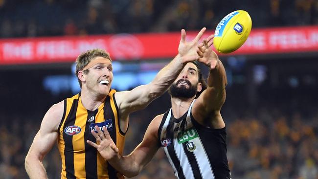 Brodie Grundy is attracting interest despite declaring his intention to re-sign with Collingwood. Picture: AAP Image/Julian Smith.