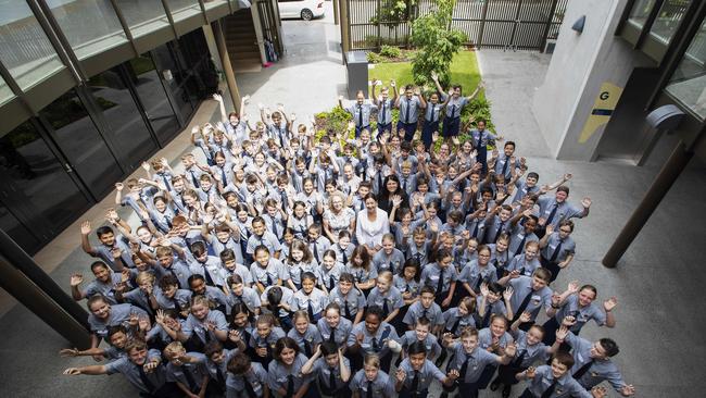 Principal Sharon Barker, Premier of Queensland Annastacia Palaszczuk and Minister for Education of Queensland Grace Grace with all students. First day at Fortitude Valley State Secondary College. 585 St Paul's Terrace and Brookes St, Fortitude Valley, Brisbane, 28th of January 2020. (AAP Image/Attila Csaszar)