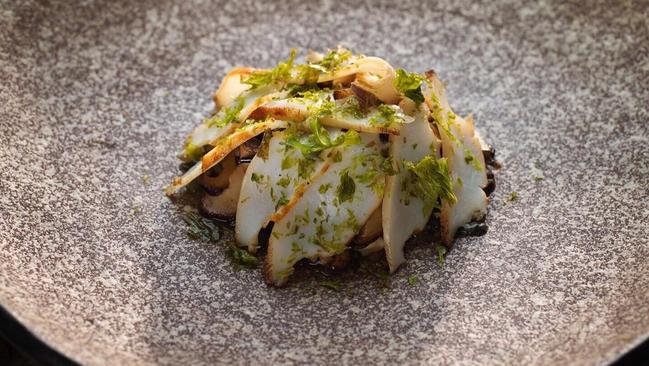 Yumbah Abalone, smoked eel, shiitake and roasted sea lettuce at Fen, Port Fairy, Victoria.