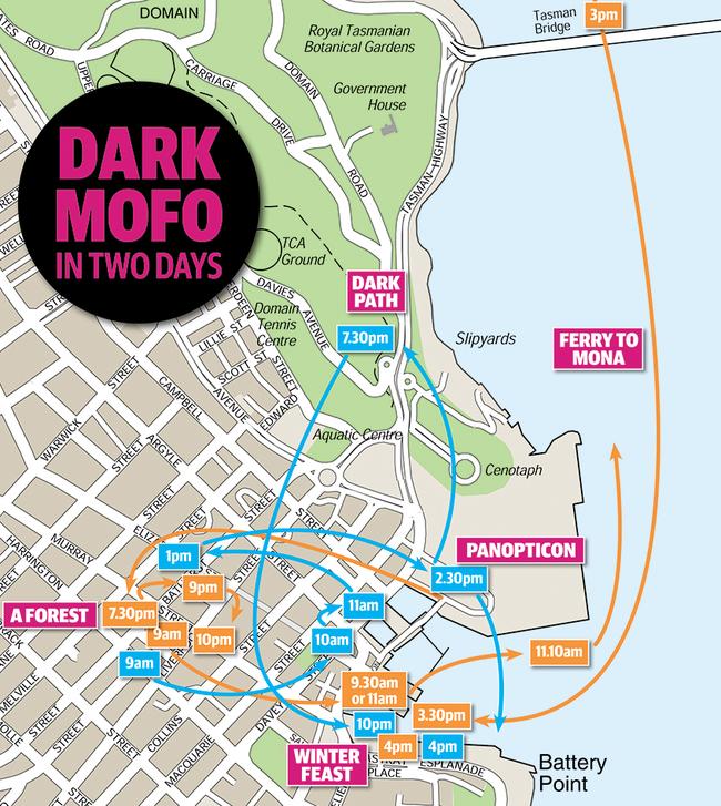 A map showing how to see the best of Dark Mofo in two days. Saturday’s times are in orange, and Sunday’s times are in blue.