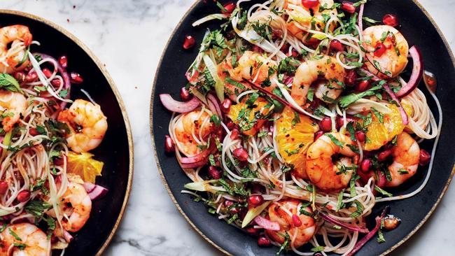 Tamarind prawn vermicelli with orange, pomegranate and herbs. Image: Supplied