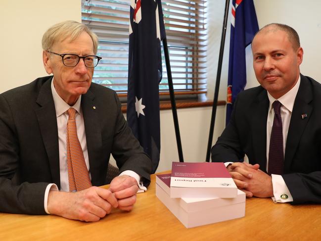 POOL PHOTOS FOR FAIRFAX AND AAP - PLEASE EMAIL ON -Commissioner Kenneth Hayne and Treasurer Josh Frydenberg with the final report from the Royal Commission into Misconduct in the Banking, Superannuation and Financial Services Industry, at Parliament House in Canberra. Picture Kym Smith