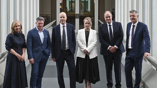 TV executives Bridget Fair, Mike Sneesby, Gregory Hywood, Beverley McGarvey, David Anderson and James Warburton pose for a group photo at Parliament House in Canberra. Picture: NCA NewsWire / Martin Ollman.