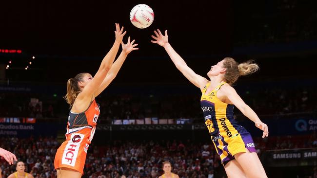 Susan Pettitt and Karla Mostert during the Giants-Lightning round 14 clash. Picture: Getty