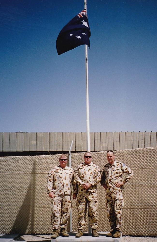 Sergeant Deasy, Maclean RSL Sub-Branch president Stephen Walton and Lt Colonel Geoff Orme in Kuwait in 2003 during the Iraq War.